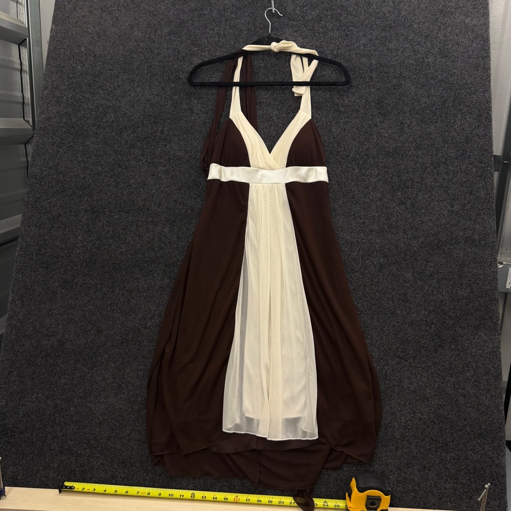 Vintage Ruby Rox Brown Cream Halter Empire Waist Midi Dress Womens Medium Y2K